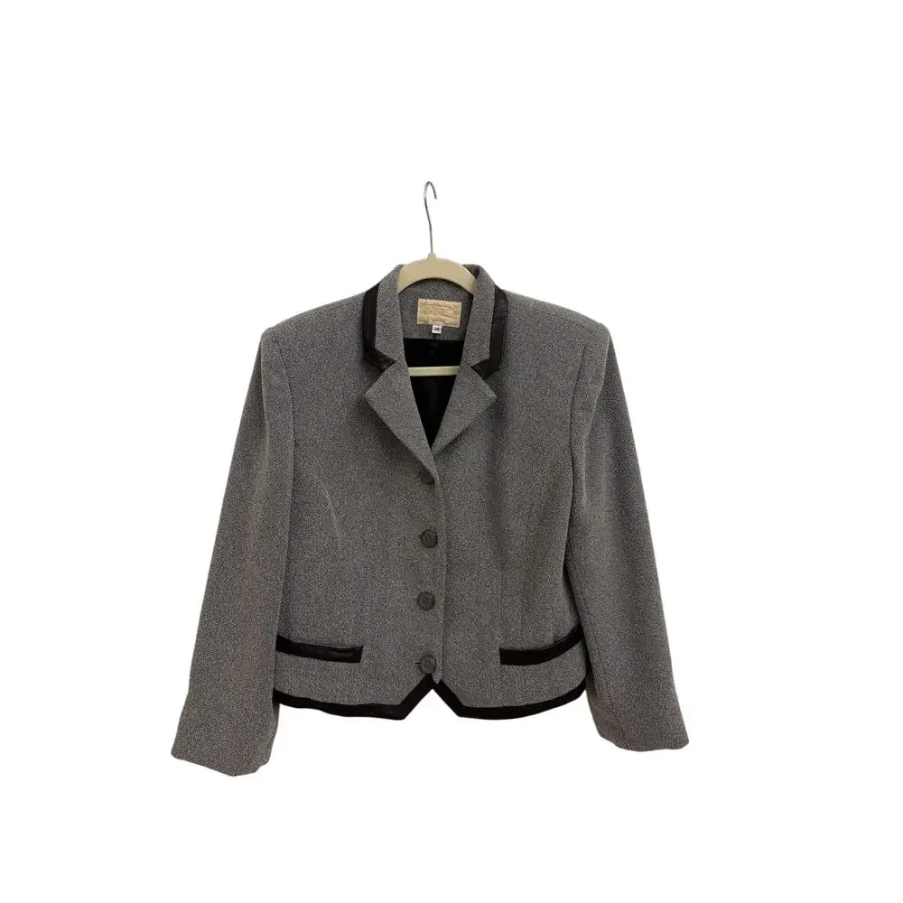 Alberto Makali Vintage Black Jacket Herringbone Leather Trim Preppy Blazer 14